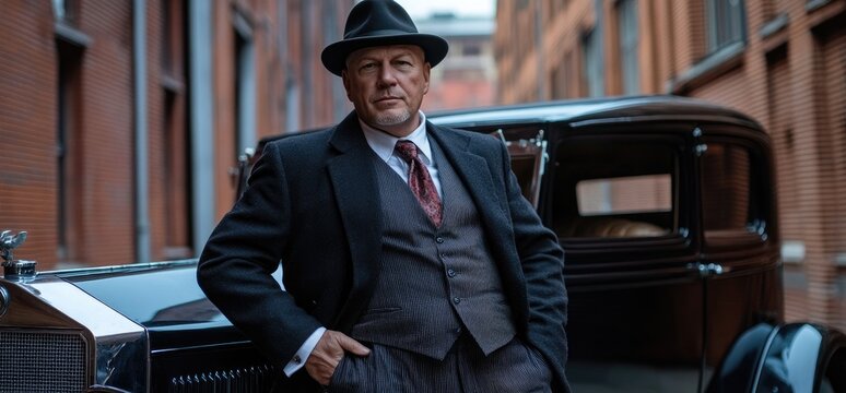 Gangster leaning on vintage car, city alley backdrop, 1920s attire.  Use Film, history