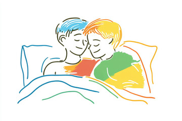 Love romantic couple of two men sleeping in bed. Relationships concept. Valentine day