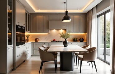 Fototapeta premium Modern beige, grey kitchen interior in classic style. Luxury home dining area with empty table, chairs. Stylish beige cupboards, countertops. Elegant design with comfortable furniture. Natural light