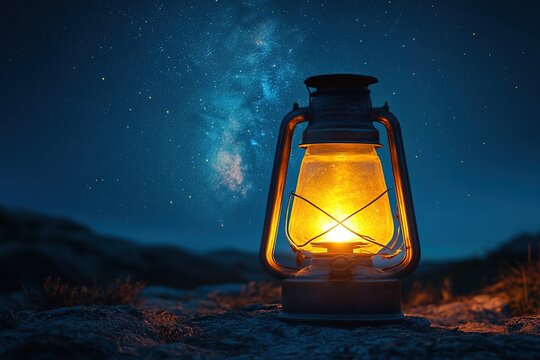 Lit lamp on ground with starry night background, for illumination, guide or light concept