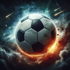 Fototapeta premium a photo realistic soccer ball as a planet in space with smoke and explosions, digital art