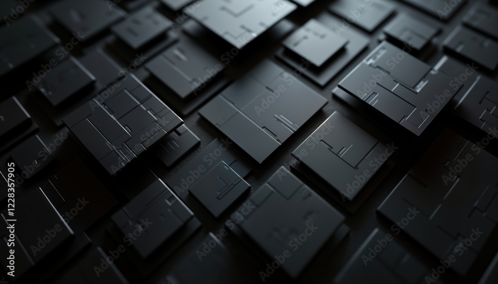 Aufkleber Abstract modern business tech concept. Dynamic black background with textured mosaic layers. Square shapes arranged in three-dimensional pattern. Geometric design. Futuristic, innovative tech visual.