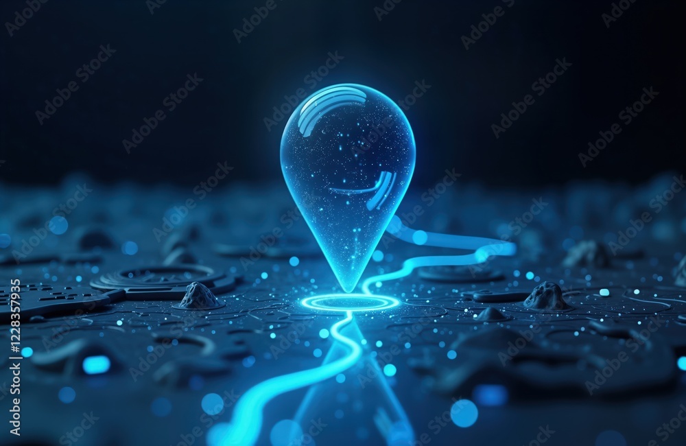 Aufkleber luminous blue digital map pin floats above sleek background. futuristic tech design for navigation, 