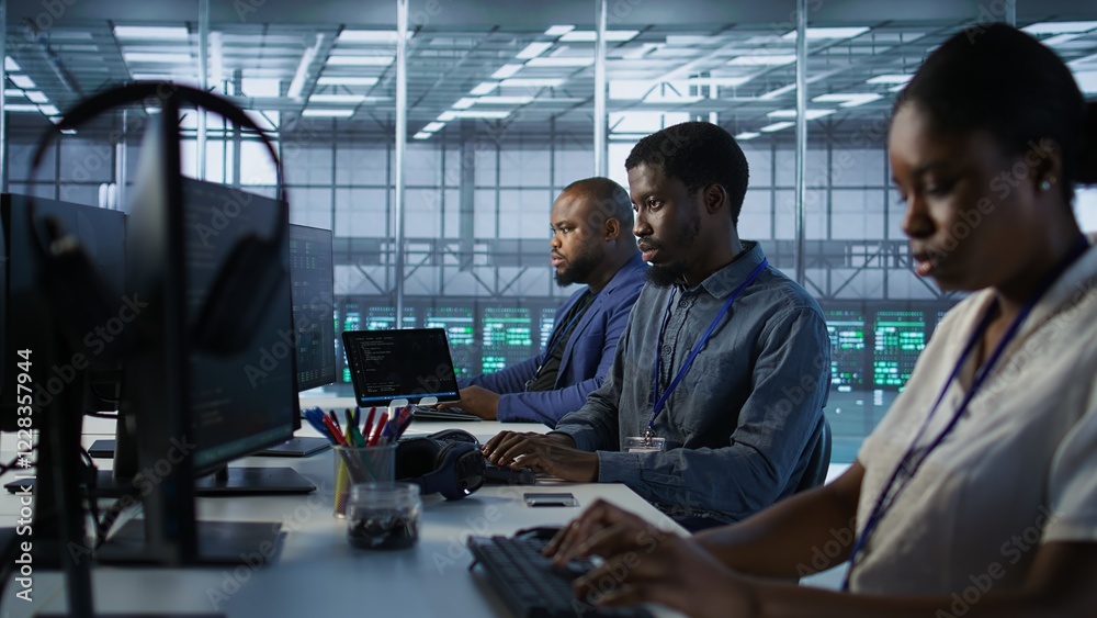 Poster african american data center technicians implement ai predictive maintenance systems. woman in serve