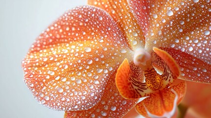 Dewy orange orchid blossom close-up, blurred background