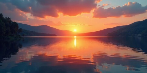 Fototapeta premium Softly rippling lake surface mirrors a stunning orange sunset sky, gentle, lake, sunset