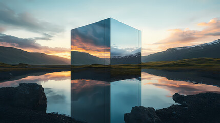 Custom blinds with your photo This mirrored cube reflects the evening sky and surrounding landscape, creating a stunning visual merging nature with abstract man-made art. Solar Fjord. Illustration