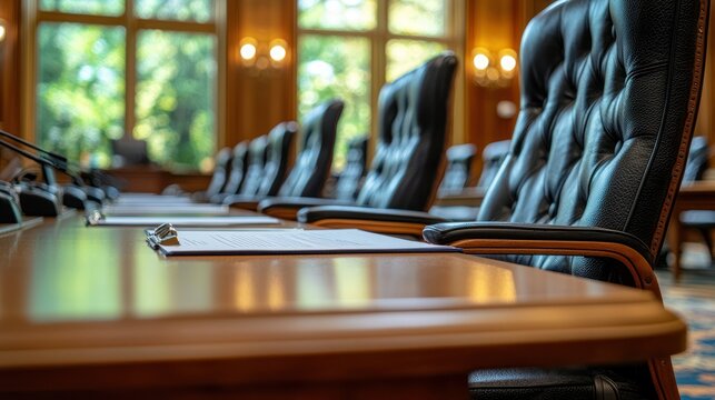 Empty chairs at conference table in ornate room with park view