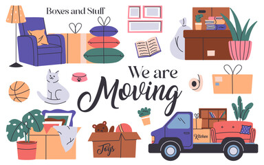 Home moving set with cardboard boxes, stuff, transportation lorry truck with personal belongings