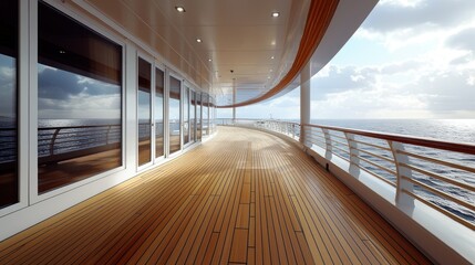 Empty cruise ship deck at sea with cloudy sky view