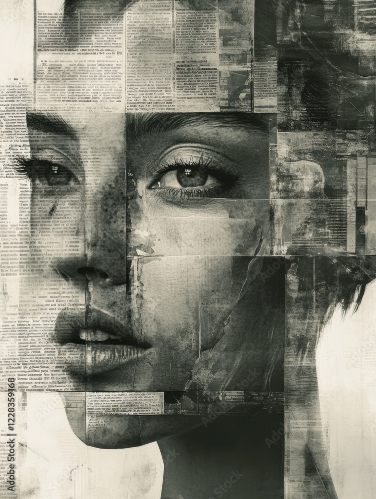 Aufkleber vintage newspaper clippings overlap to create a striking artistic portrait of a woman with deep gaze