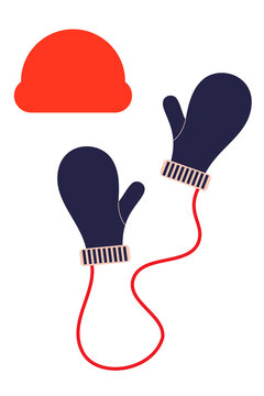 Winter accessories set with red beanie hat and navy blue mittens in minimalist vector style. Cute cold weather clothing illustration. Perfect for winter fashion advertisements, holiday-themed designs
