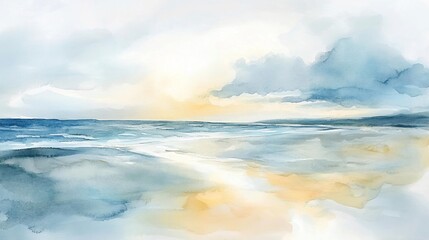 Serene Coastal Watercolor: A Tranquil Seascape at Sunset
