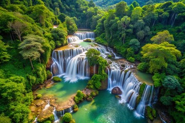 Fototapeta premium Stunning Aerial View of Sam Lan Waterfalls, Khao Sam Lan National Park, Saraburi, Thailand