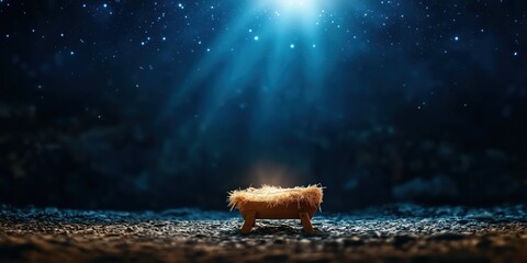 Divine light illuminating empty manger at night spiritual scene peaceful atmosphere serene viewpoint