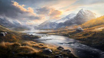 A beautiful landscape with a river and mountains in the background. the sky is filled with auroras, creating a serene and peaceful atmosphere. Solar Fjord. Illustration