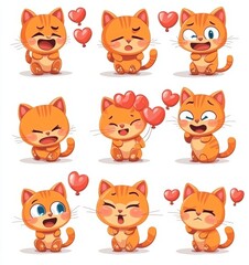Cute cat characters with a range of emotions, isolated on a white background.