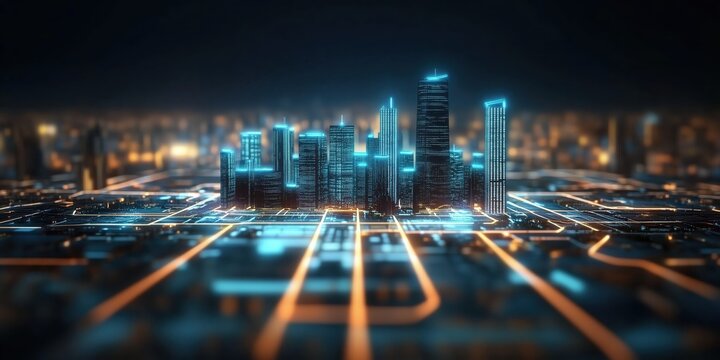 Futuristic night cityscape aerial view digital urban environment tiltshift imagery modern technology concept