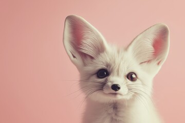 Close up portrait of a fennec fox showcasing its distinctive large ears against a vibrant pink backdrop, creating a visually appealing and minimalist composition