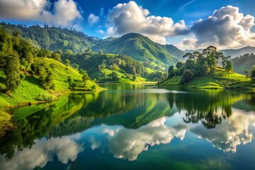 Obraz premium Stunning Bodas Lake Landscape, Garut, Indonesia: Serene Waters & Lush Green Hills