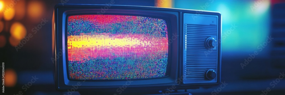 Poster retro television screen displaying colorful glitch patterns with static noise in a dimly lit room. g