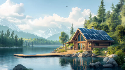 Fototapeta premium A charming lakeside cottage with solar panels on the roof and dock, reflecting a commitment to sustainability and serene living. Solar Fjord. Illustration