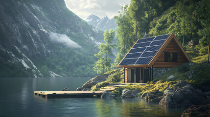 Fototapeta premium A charming lakeside cottage with solar panels on the roof and dock, reflecting a commitment to sustainability and serene living. Solar Fjord. Illustration
