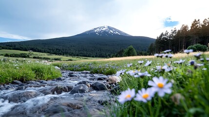 Mountain stream, wildflowers, meadow, volcano backdrop, nature scene