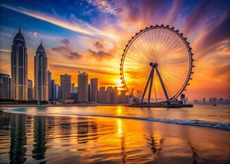 Stunning Dubai Ferris Wheel & Eye Panorama from JBR Beach at Sunset