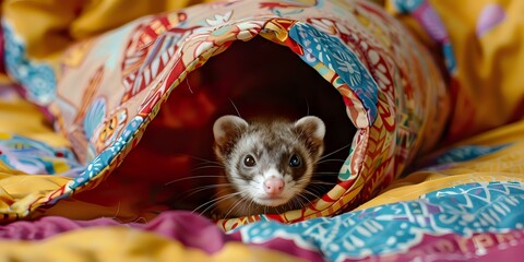 Curious ferret peeking out from colorful patterned fabric tunnel, close-up portrait showing playful expression against vibrant orange and blue textile background.
