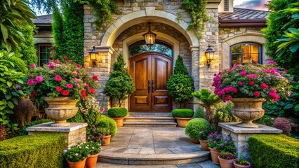 Naklejka premium Stunning Home Entrance Designs with Lush Greenery & Landscaping