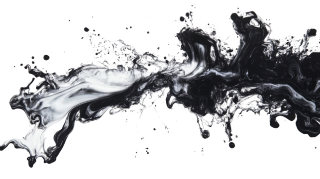Black and white paint splashing and mixing together on transparent background. Transparent background