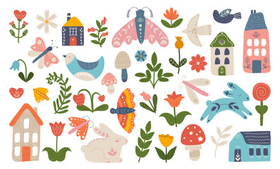 Folk Hygge Scandinavian ethnic style set with suburb houses, nature plants, animals and birds © Mykola Syvak
