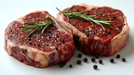 Obraz premium Fresh raw ribeye steaks seasoned with black peppercorns and rosemary sprigs on white background, close up view of marbled beef cuts for cooking or grilling.