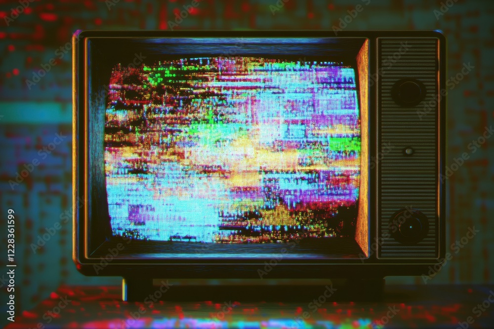 Poster retro television screen displaying vibrant static noise and glitch patterns in a nostalgic setting. 
