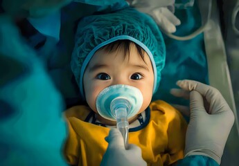Young Asian toddler wearing surgical cap receiving anesthesia mask before medical procedure in hospital operating room, healthcare concept.