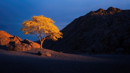 Obraz premium Golden tree sunset desert landscape, solitude, nature photography, travel postcard