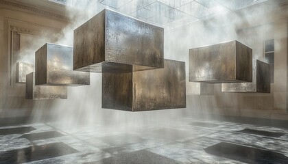 Metal cubes float in mist-filled room, seen by windows, used for artistic concepts