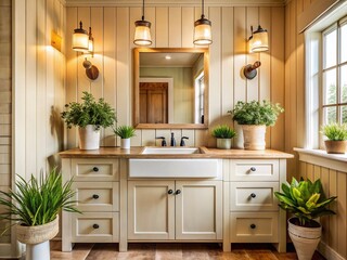 Fototapeta premium Stylish Farmhouse Bathroom: Cream Cabinets, Shiplap, Rustic Plants