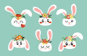 Set of adorable bunnies. Different cute emotions of bunnies with flower crowns. Isolated  vector cartoons. 