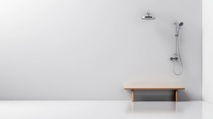 Minimalist modern bathroom with showerhead and wooden bench