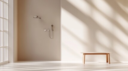 Minimalist shower area in sunlit, spacious bathroom