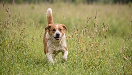 Energetic dog bounding through lush green meadow