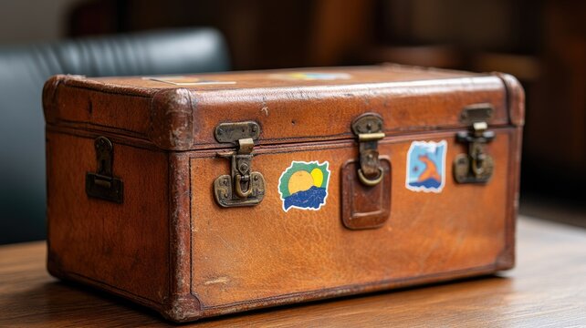 Vintage suitcase with travel stickers on wooden table