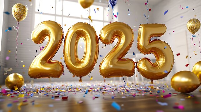 Golden Balloons Celebrating 2025 with Confetti