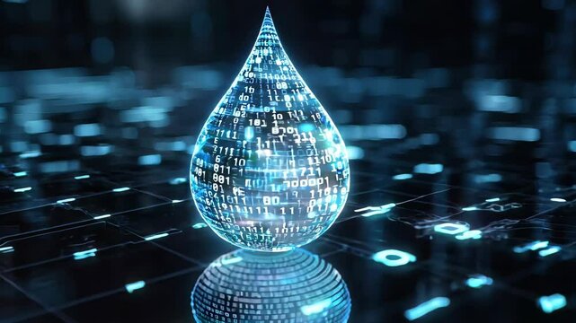 Digital Water Droplet with Binary Code Reflections and Glow