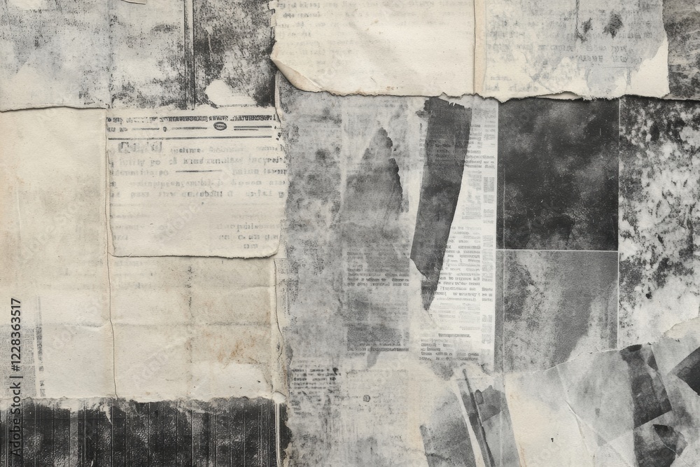 Aufkleber overlapping vintage newspaper clippings create a textured collage reminiscent of historical journali