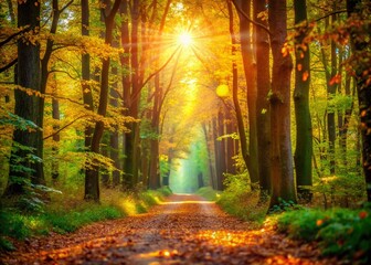 Fototapeta premium Sunbeams Through Forest Path: Leading Lines Bokeh Nature Photography