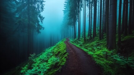 Fototapeta premium Serene forest path winding through lush greenery under a misty atmosphere at dawn