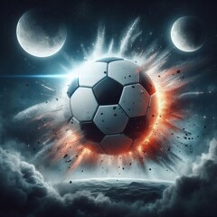 Naklejka premium a photo realistic soccer ball as a planet in space with smoke and explosions, digital art